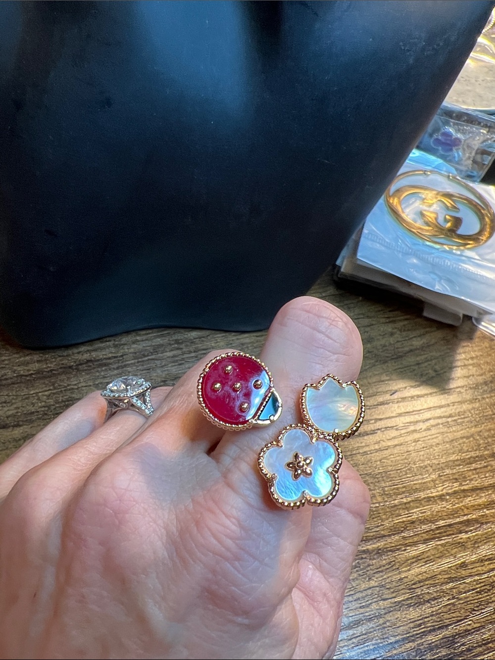 Mother-of-Pearl and Red Lady Bug Enamel Cluster Ring - size 8 1/2 +